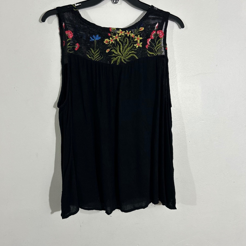 Blue Rain Black Embroidered S Floral Tank Top‎ Sleeveless Casual Boho Festival